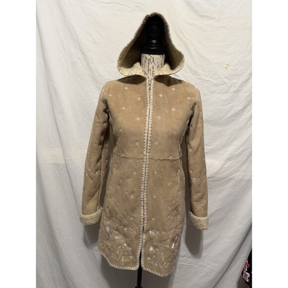 GAP Kids Faux Suede Hooded Sherpa Lined Boho Floral Embroidered Coat Size L / 10 - Picture 2 of 10
